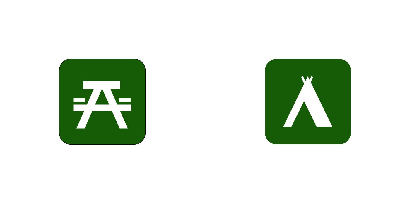 Two green square campground icons showing a picnic table and a tent