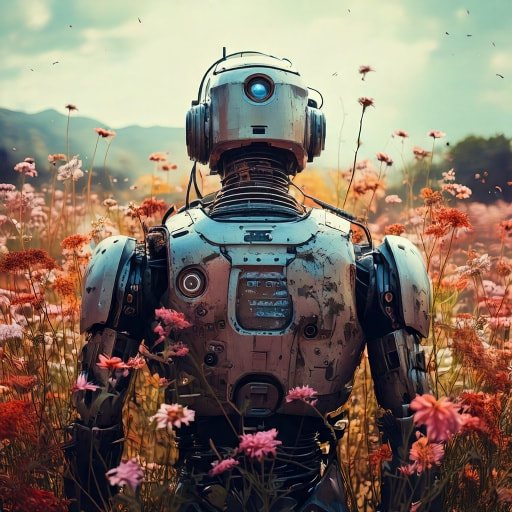 A generated image of a robot standing in a field of flowers