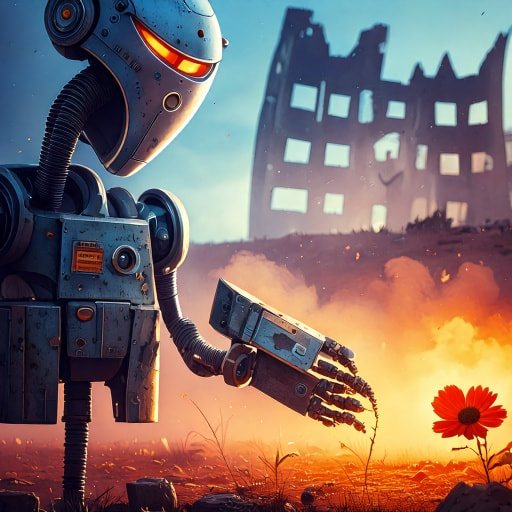 Firefly-generated robot discovering a single flower in a damaged landscape