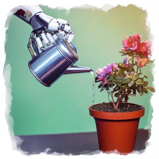 Firefly-generated robot hand watering a flower in a pot