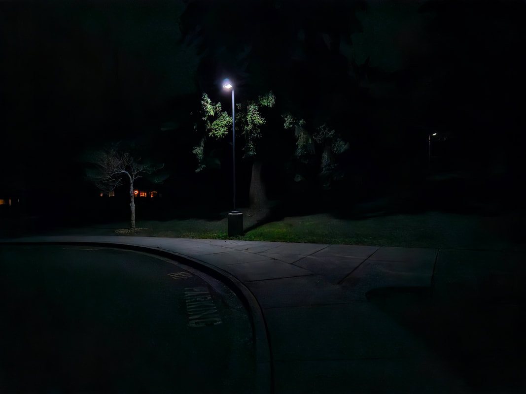 A streetlamp illuminating a dark walkway at night