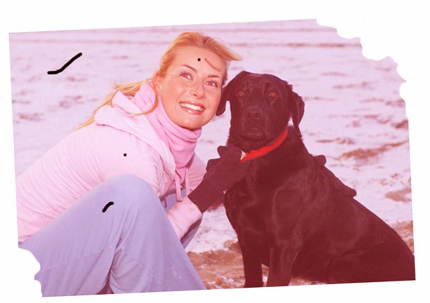 Faded, damaged source photograph of a woman and a dog